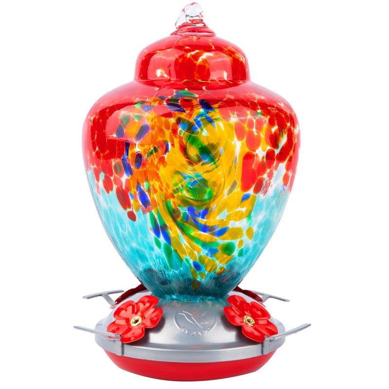 REZIPO Hummingbird Feeder with Perch - Hand Blown Glass - 38 Fluid Ounces Hummingbird Nectar Capacity Include Hanging Wires and Moat Hook (Half Red) - Image 1